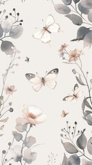 Watercolor background patter with flowers and butterflies