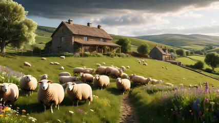 A peaceful countryside scene, with rolling green hills dotted with grazing sheep and a rustic stone farmhouse nestled among fields of wildflowers