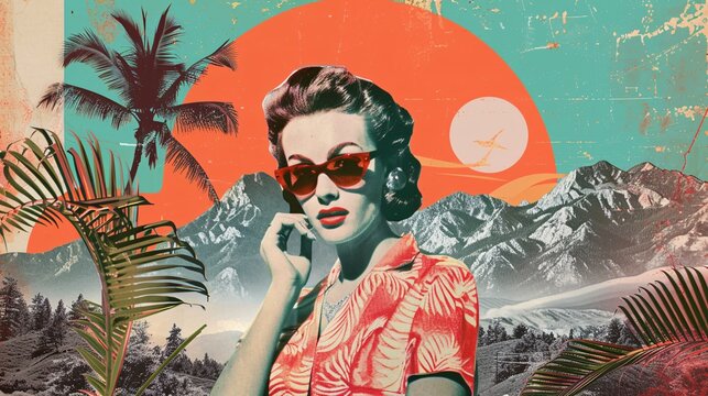 a retro-inspired collage, a woman in 50s, 60s attire amid palms, mountains, and art deco elements. Ideal for magazine, poster, postcard, social media