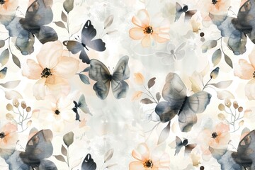 Watercolor background patter with flowers and butterflies