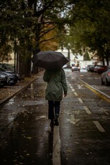 a woman walking on the side of a road with an umbrella - obrazy, fototapety, plakaty
