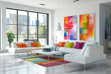  A minimalist living room with sleek, white furniture accented by vibrant pops of color in abstract...
