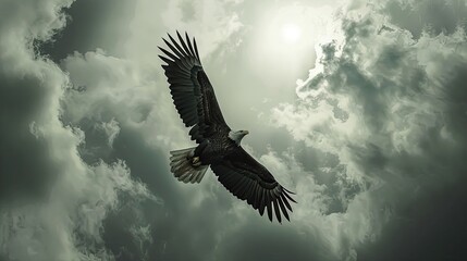 composite of a bald eagle flying in a cloudy sky 