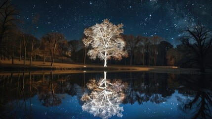 endless mirror with only a lonely white glowing holy tree on it, outdoor exhibition, night skylight exposure with stars, Classicism,  - obrazy, fototapety, plakaty