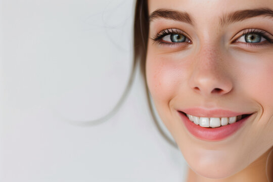 Radiant Close-Up Portrait of a Cheerful Woman with a Bright Smile and Copy Space on White
