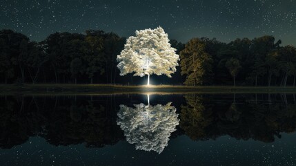 endless mirror with only a lonely white glowing holy tree on it, outdoor exhibition, night skylight exposure with stars, Classicism,  