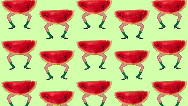 Stop motion, animation. Female legs on heels with sweet watermelon body over green background. Summer taste. Concept of art, creativity, food, design, surrealism. Abstract creative design