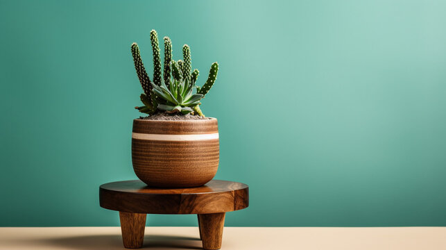 photo wooden plant stand with a cactus on the side