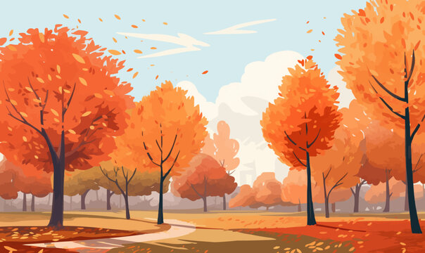 A painting of a park with trees in autumn