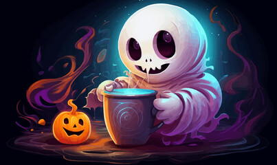 A Halloween themed drawing of a skeleton drinking from a cup
