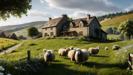 A peaceful countryside scene, with rolling green hills dotted with grazing sheep and a rustic stone...