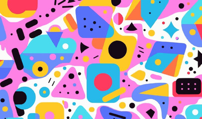 Fun colorful geometric collage with various shapes seamless pattern, 90s style abstract children wallpaper