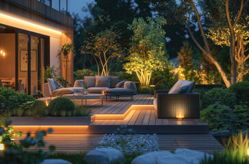 modern wooden terrace with outdoor furniture and garden at night, villa interior design of modern...