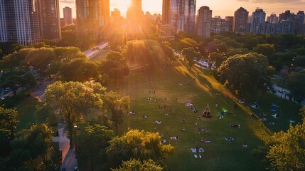 Drone shot, city park in the middle of a metropolis, sourrounded by skyscrapers