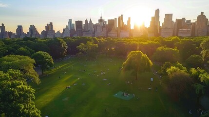 Drone shot, city park in the middle of a metropolis, sourrounded by skyscrapers