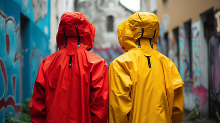 Fototapeta na wymiar Two people stands, clad in vivid red and yellow raincoats, against a backdrop of urban street art.