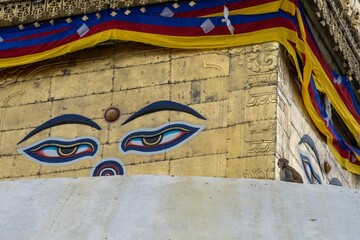 Close-up view of the ornate Swayambhunath Stupa, located in Kathmandu, Nepal