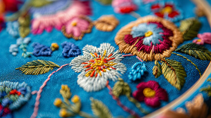 Vivid floral embroidery with rich colors and textures on a blue textile, showcasing traditional needlework skills.