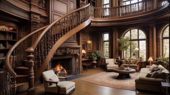 Grand two-story wood-paneled home library with balcony, fireplace, and spiral staircase