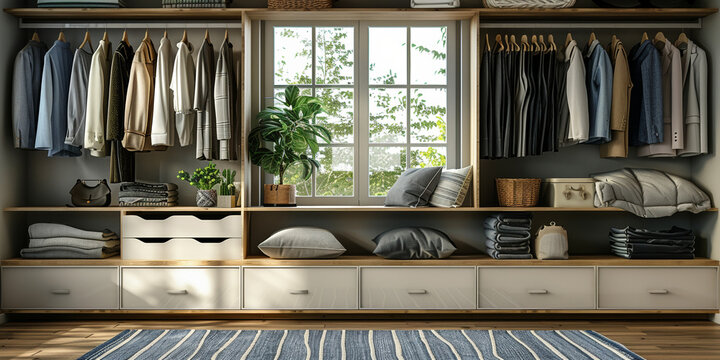 Modern and luxurious interior wardrobe design with stylish furniture and plenty of storage space.