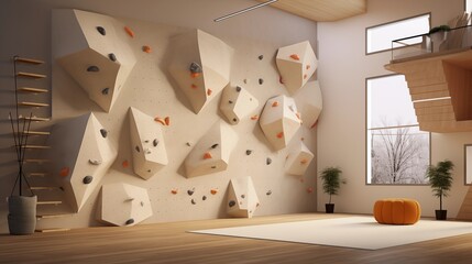 Home rock climbing wall with angled surfaces and innovative safety padding systems