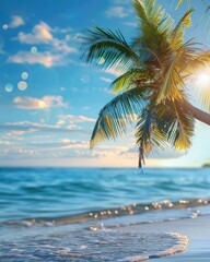 Sunny Seascape Wallpaper - Summer Beach Scene - Blue Ocean and Palm Tree with Bokeh Light for Tropical Resort 