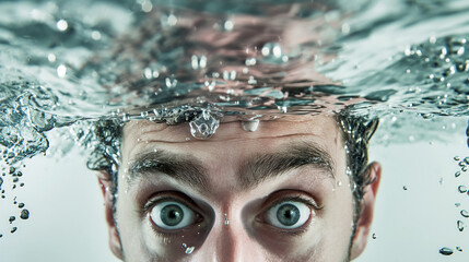 A captivating shot of a man submerged in water, his eyes wide open, creating a compelling and intense gaze.