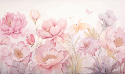 Watercolor pink gold flower abstract mural, peonies, tulips, rose, large delicate voluminous flowers, background, wallpaper