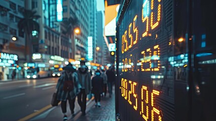 Fototapeta premium Digital stock market display glowing amidst pedestrians on a busy city street at night, highlighting economic activity. Illuminated Stock Exchange Display in Urban Night