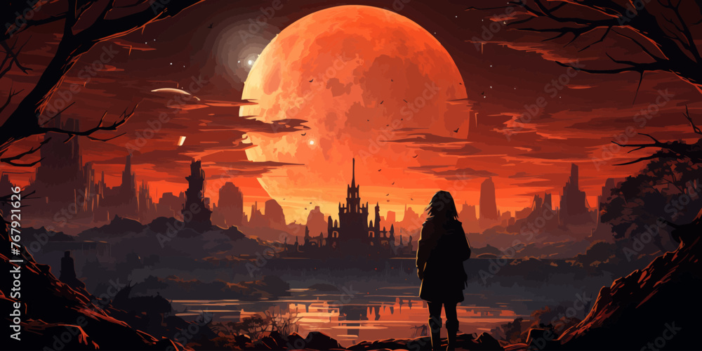 Poster a man stands in front of a large red moon in a desolate landscape