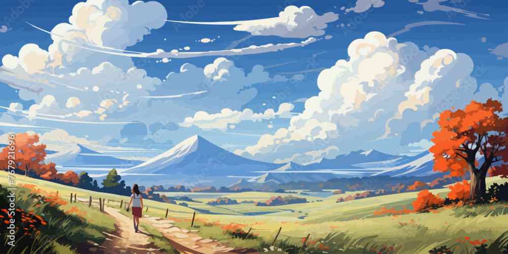 Poster a woman is walking down a path in a field with mountains in the background