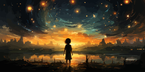Fototapeta premium A girl stands on a beach at sunset, looking out at the ocean