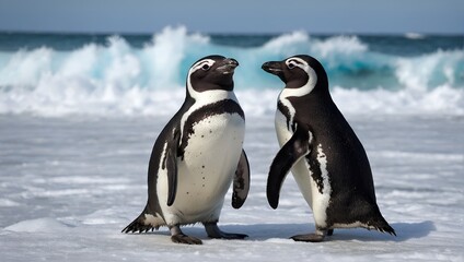 Two bird on the snow, Magellanic penguin, Spheniscus magellanicus, sea with wave, animals in the nature habitat, Argentina, South America.