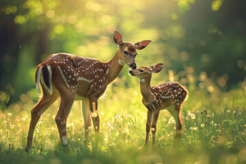 A cute white-tailed fawn stands next to its mother in the green grass, close-up of their legs and chest