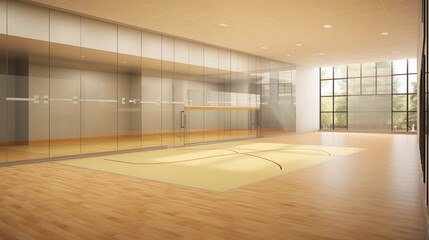 Indoor regulation squash court with glass back wall and specialized athletic flooring