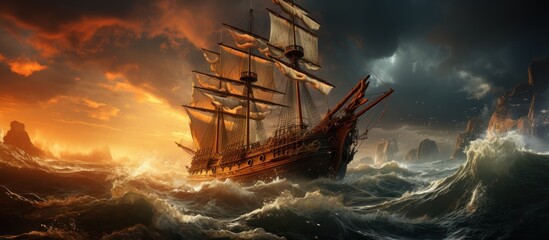 Pirate ship in the sea with stormy waves. - obrazy, fototapety, plakaty