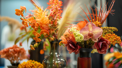 A stunning floral arrangement featuring a mix of vibrant orchids and other blooms, showcasing...