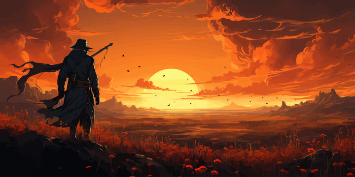 A man stands on a hill overlooking a vast, orange landscape