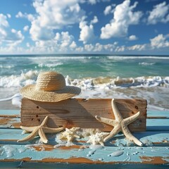 Romantic Beach Board - Summer Holiday Background - Exotic Sea with Vintage Wood, Seastar, and Straw Hat for Tropical Getaway 