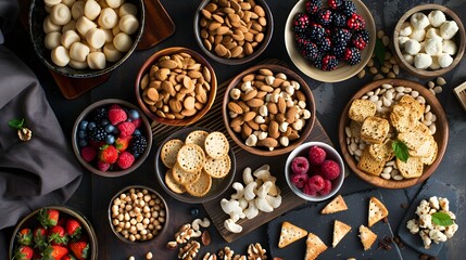 Cookies and candies arranged in a box next to candies scattered on a table