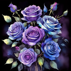 Bright bouquet of purple and blue Roses, watercolor dark background