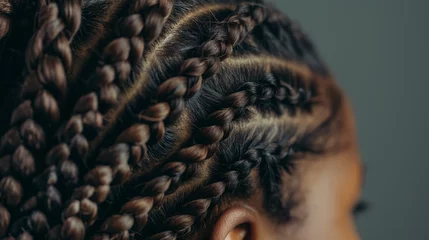 Fotobehang Exquisite detail of an intricate braided hairstyle with neat rows of plaits against a blurred background. © RISHAD