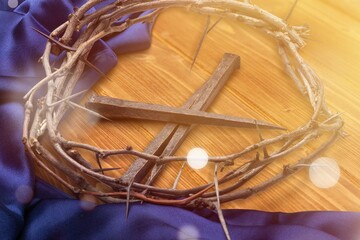 Fototapeta na wymiar Cross Made With Nail On Dirt Floor, Crucifixion Of Christ