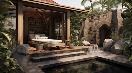 Indoor/outdoor Balinese spa cabana with natural stone soaking tubs and tranquil landscaping