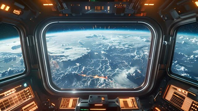 Orbital panorama: Animated view from porthole captures Earth's majesty.