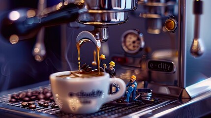 In this intriguing macro photography concept, tiny figures are at work on a coffee machine,  - obrazy, fototapety, plakaty
