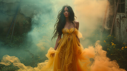 Woman in couture dress against a background of green and yellow smoke - obrazy, fototapety, plakaty