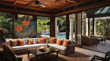 Indoor/outdoor tropical living area with walls of La Cantina accordion glass doors that open completely to unite the living room with the covered lanai and pool deck - obrazy, fototapety, plakaty