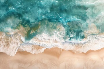 Fototapeta na wymiar Aerial view of turquoise ocean waves and sandy beach, tropical island paradise, travel and vacation concept, digital illustration