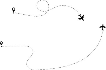 Airplane line path icon of air plane flight route with start point and dash line trace. Vector illustration